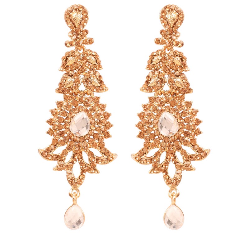Touchstone "Hollywood Glamour Oscar Collection" Extra Long Chandelier Earrings Indian Attractive Paisley Motif Filigree Yellow Rhinestones Designer Bridal Jewelry In Antique Gold Tone For Women. - Image 1